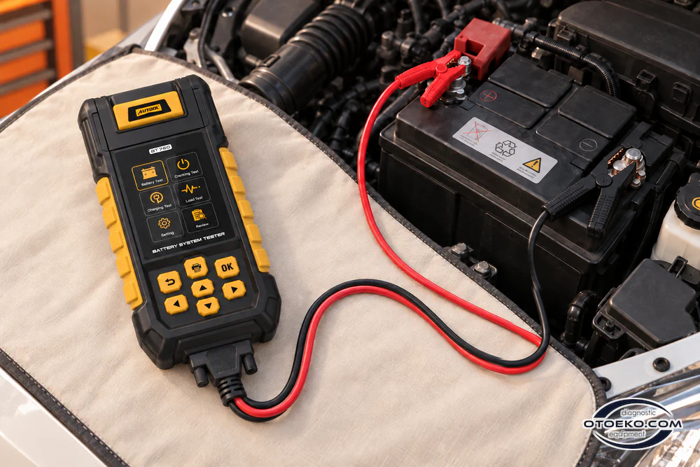 AUTOOL BT760 on a fender protector, connected to the vehicle battery by red and black clamps.